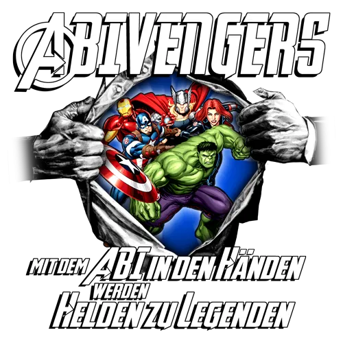 Comic-Stil Illustration von Superhelden und großen Händen, die ein Abitur-Zeugnis halten.