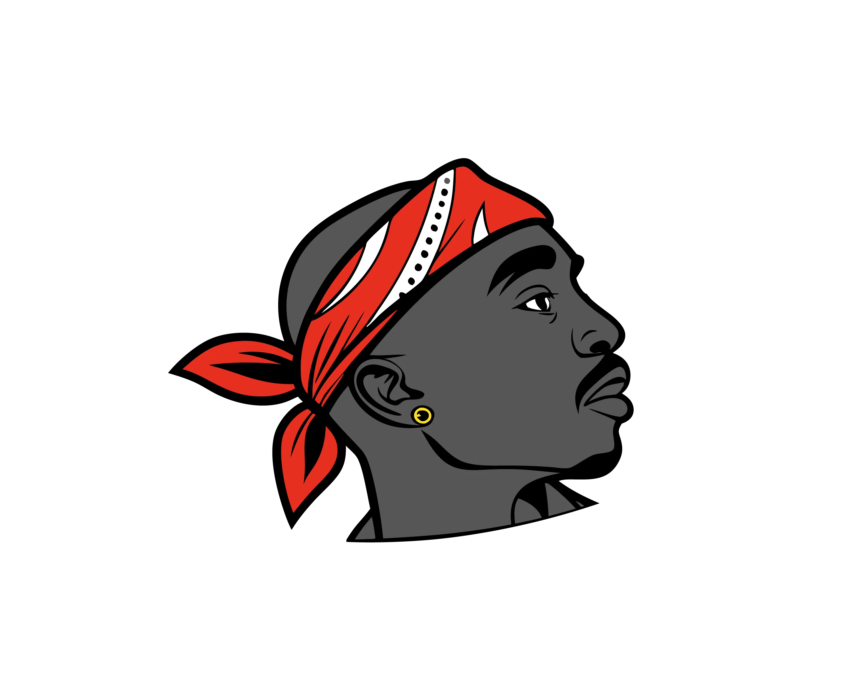 Stilisiertes Profil eines grauen Kopfes mit rotem Bandana und goldener Ohrspange im schwarzen Hintergrund umgeben von Text ALL EYEZ ON ZUN und AK 202X