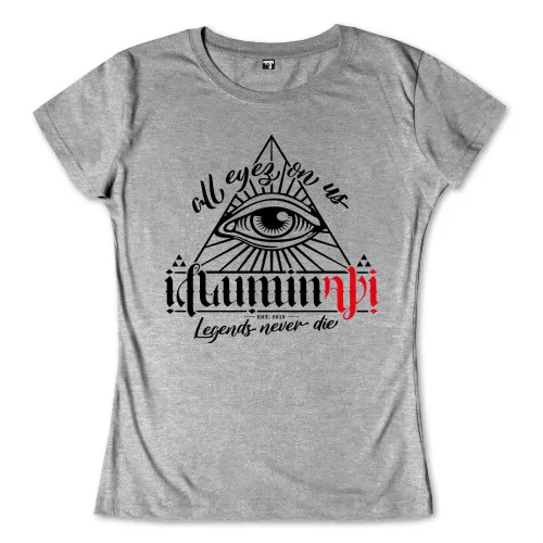 Schwarze Grafik des All-Seeing Eye über "Illuminati" Text und "Legends never die" auf grauem Hintergrund.