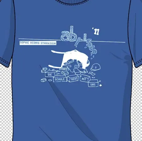 Blaues T-Shirt mit weißem Grafikdesign, das eine katzenartige Figur und Textelemente zeigt.