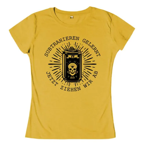 Schwarze Getränkedose mit Schädelmotiv und Strahlen. Umschrift: "Subtrahieren Gelernt, Jetzt Ziehen Wir Ab".