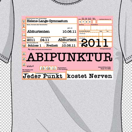 Graues T-Shirt mit einem großen rosafarbenen Aufkleber im Stil eines Abiturschemas, Text 'ABIPUNKTUR', Datum und emblematische Details.