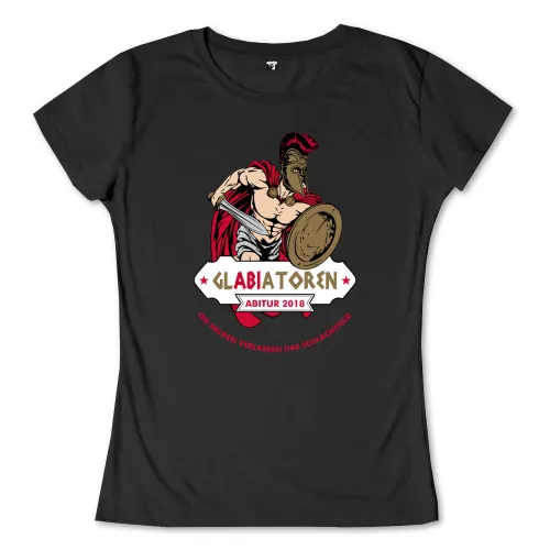 Illustration eines Gladiators mit Schild und Helm, Text "Gladiatoren Abitur 2018".