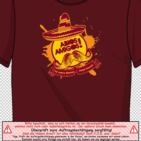 Design eines roten T-Shirts mit grafischem Aufdruck "Amigos Amigos" und einer Gitarre unter einem Sombrero.