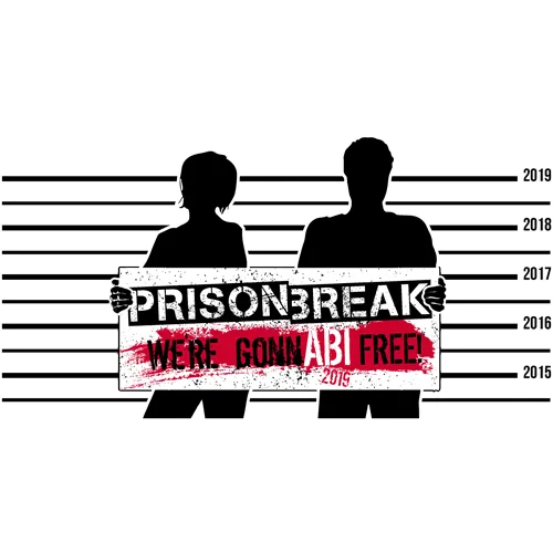 Zwei Silhouetten stehen vor einem Haftentlassungsmesser und halten ein Banner mit der Aufschrift "PRISONBREAK WERE GONNA BE FREE".