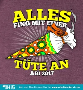 Design einer Schultüte mit Text "Alles fing mit einer Tüte an, Abi 2017" auf lila Hintergrund.