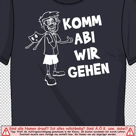 Schwarzes T-Shirt mit der Aufschrift "KOMM ABI WIR GEHEN" und Zeichnung eines jungen mit Doktorhut.
