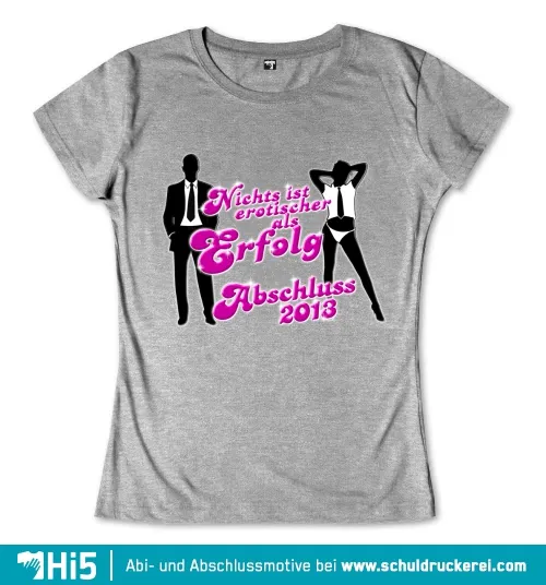 Graues Plakat mit Silhouetten eines Mannes und einer Frau, ergänzt durch einen pinkfarbenen Text "Nichts ist erotischer als Erfolg Abschluss 2013".