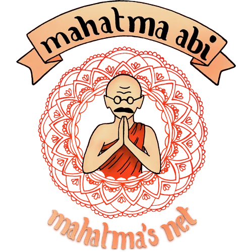 Kartoon von einer Person mit Brille und orangefarbenem Gewand, die die Hände in einer Gebetsgeste hält, auf dunklem Hintergrund mit rotem Mandala.