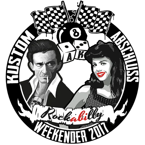 Plakat mit Text "Kustom Abschluss Rockabilly Weekender 2017", Porträts eines Mannes und einer Frau, roter Hintergrund.