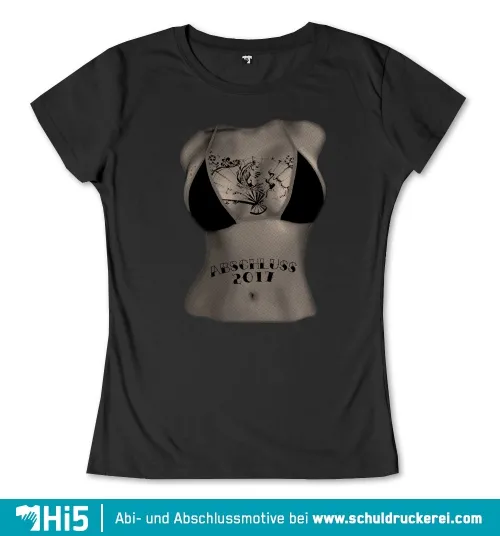 Schwarzes T-Shirt mit aufgedrucktem Abschlussmotiv 2011 und künstlerischen Elementen auf einem Mannequin.