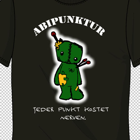 Dunkelgrünes T-Shirt mit einem Design, das eine grüne Figur mit Pflastern und Nähten zeigt, umgeben von der Aufschrift "ABIPUNKTUR" und dem Spruch "Jeder Punkt kostet Nerven."