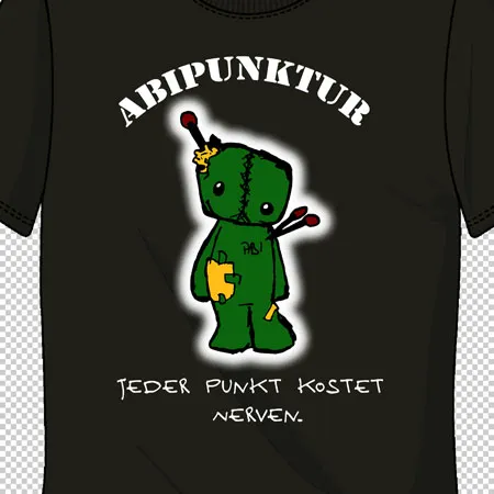 Dunkelgrünes T-Shirt mit einem Design, das eine grüne Figur mit Pflastern und Nähten zeigt, umgeben von der Aufschrift "ABIPUNKTUR" und dem Spruch "Jeder Punkt kostet Nerven."