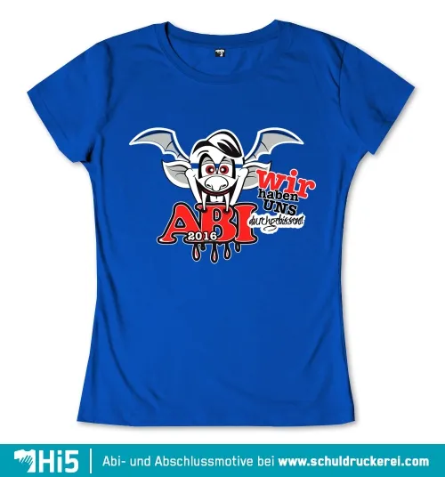 Design eines T-Shirts mit Cartoon-Fledermaus und Text "ABI 2016 Wir haben uns durchgebissen".