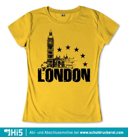 Schwarze Silhouette von Londoner Sehenswürdigkeiten und Sterne auf gelbem Hintergrund.