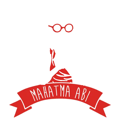 Karikatur von Mahatma Gandhi in Rot und Weiß, hält ein Buch, mit dem Text "Mahatma Abi - Ma(A)ht'as nicht".