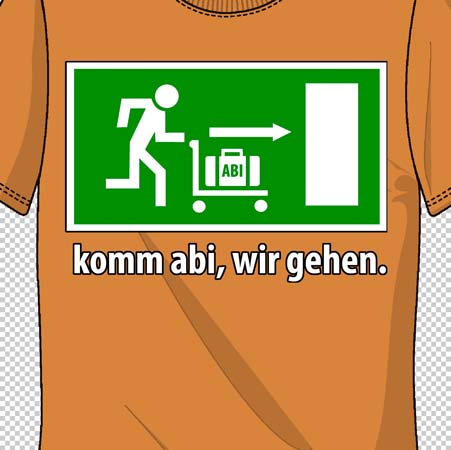 T-Shirt in Orange mit grünem Notausgangsdesign und der Aufschrift "komm abi, wir gehen".