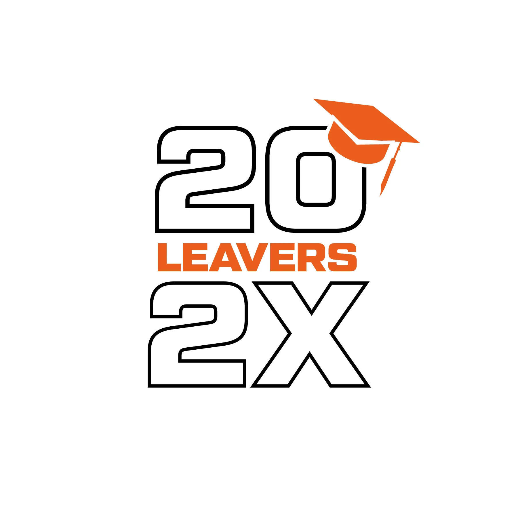 Schwarz umrandete Zahl 20 mit orangefarbener Absolventenmütze oben rechts, darunter orange Schrift LEAVERS und schwarz umrandete 2X