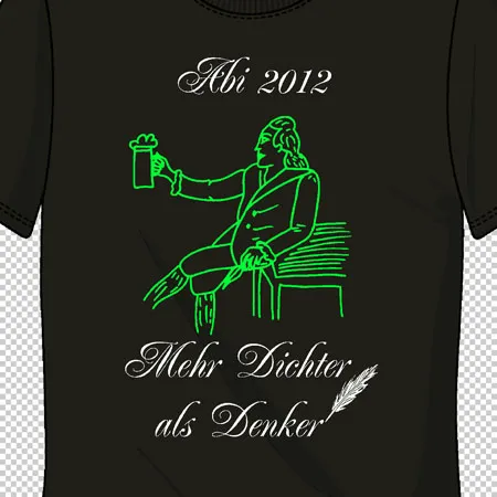 Schwarzes T-Shirt mit grüner Zeichnung und Text "Abi 2012" sowie "Mehr Dichter als Denker".