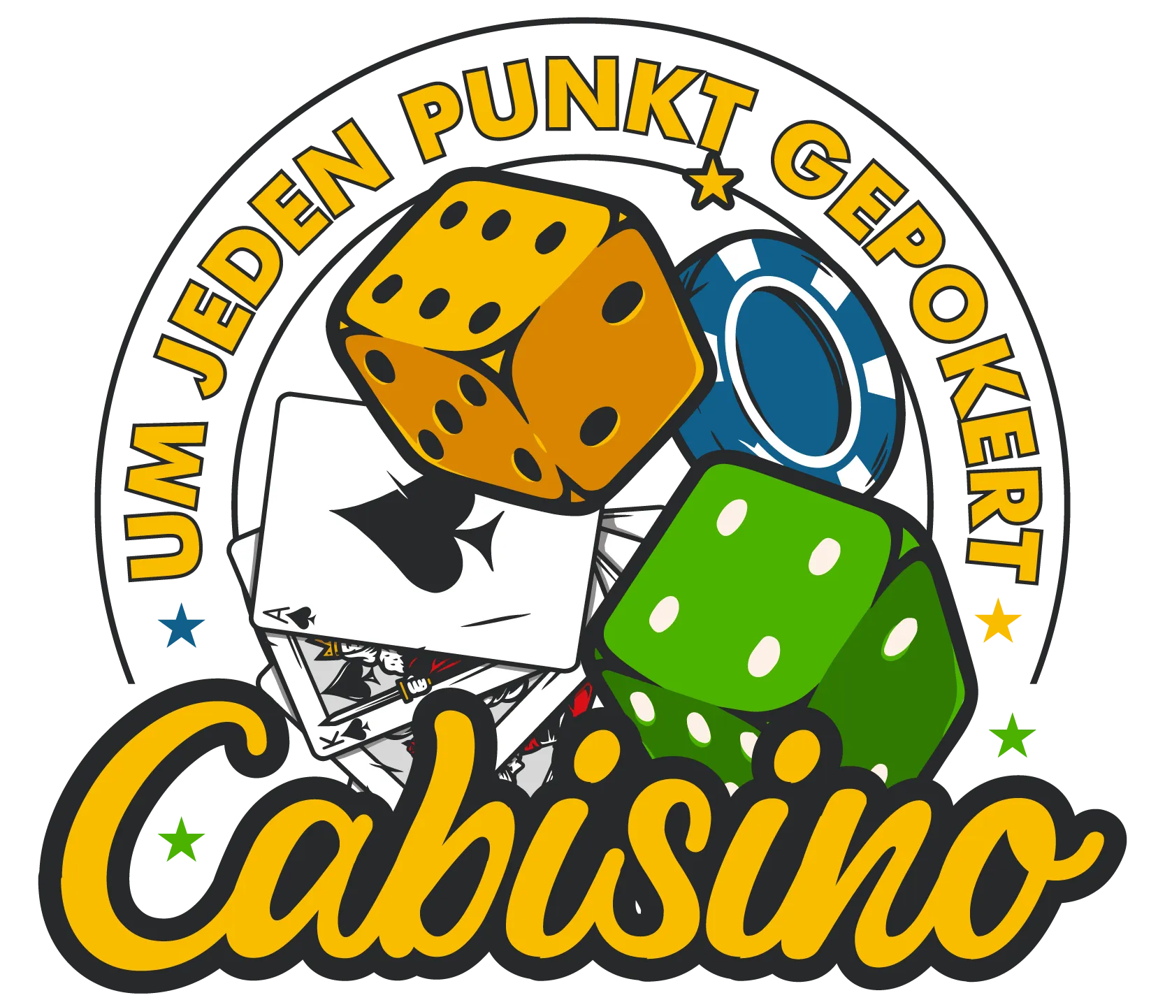 Logo mit gelbem Wuerfel gruenem Wuerfel blauem Pokerchip Spielkartenfaecher und Text Um jeden Punkt gepokert Cabisino