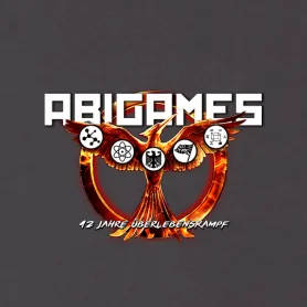 Logo mit "ABIGAMES" über einem Phoenix, der Symbole hält, und Text "12 Jahre Überlebenskampf" darüber.
