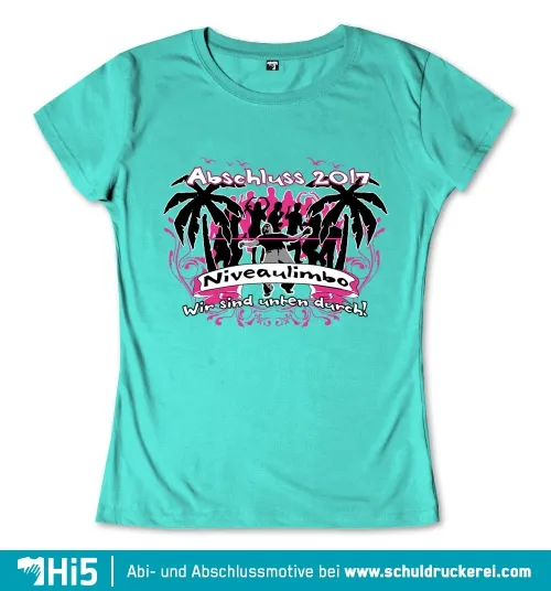 Grünes T-Shirt mit schwarzem und pinkfarbenem Grafikdesign: Palmen, Menschen beim Limbo und Text "Abschluss 2017 - Niveaulimbo".
