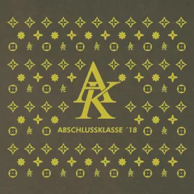 Schwarzes Muster aus Blumen und Symbolen mit großem "AK" und "ABSCHLUSSKLASSE '18" in der Mitte.