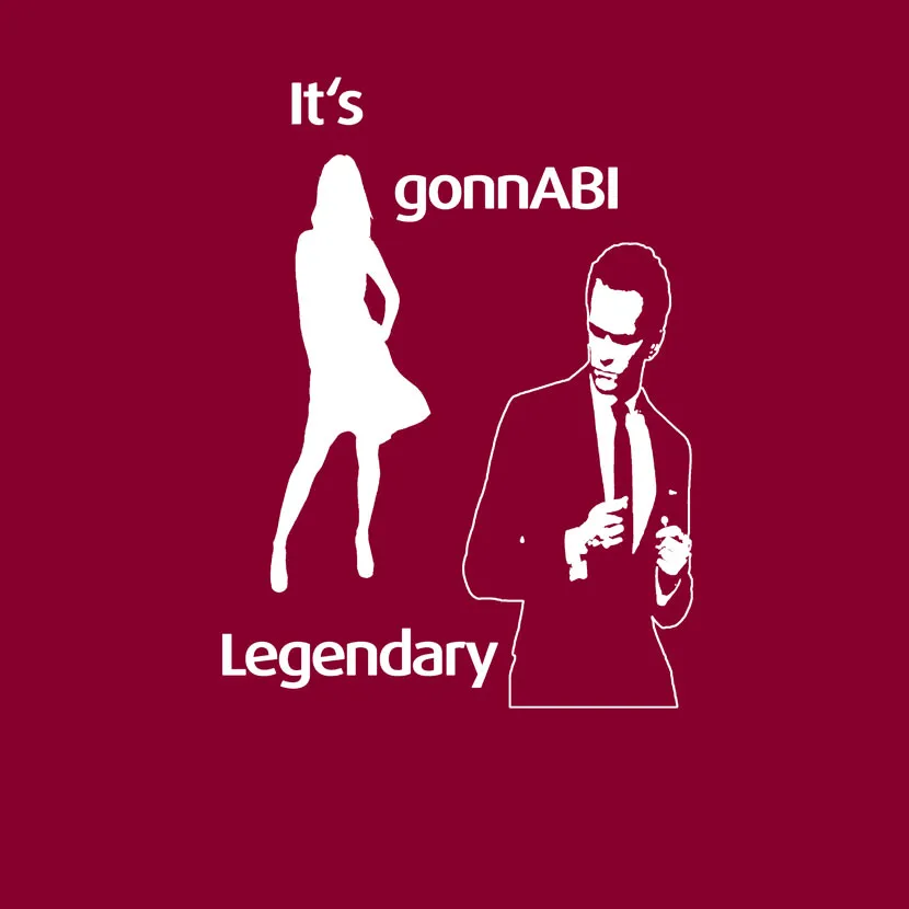 Silhouetten von Mann im Anzug und tanzender Frau auf burgunderrotem Hintergrund mit Text "It's gonnaBI Legendary".