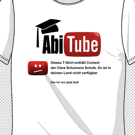 Weißes T-Shirt mit "AbiTube" Logo, Absolventenhut und Textblock, "Content nicht verfügbar" Hinweis.