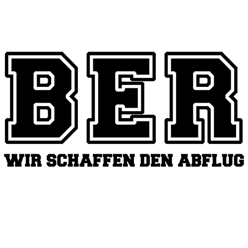 Grünes T-Shirt mit weißer Aufschrift 'BER' oben, 'Wir schaffen den Abflug' und 'Klassenfahrt 201X' darunter.