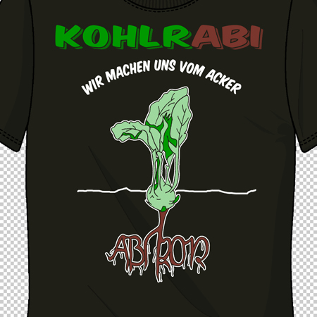 T-Shirt mit Kohlrabi-Grafik und Text "KOHLRABI" oben, "Wir machen uns vom Acker" und "Abflug" unter der Wurzel.
