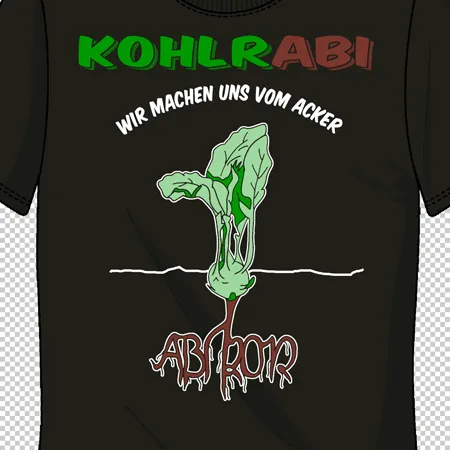 T-Shirt mit Kohlrabi-Grafik und Text "KOHLRABI" oben, "Wir machen uns vom Acker" und "Abflug" unter der Wurzel.