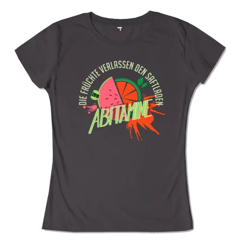Grafik mit Text "Die Früchte verlassen den Saftladen - Abitamine 2019", umgeben von einer Wassermelone und Orange.
