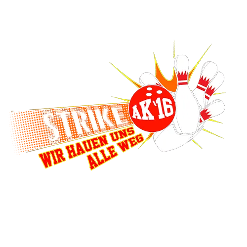 Design mit Bowlingsymbolen und Text "STRIKE 4K16 Wir raumen uns alle weg" auf dunkelblauem Hintergrund.