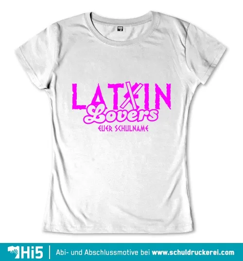 Pinkfarbene Schrift "LATIN Lovers" und "euer Schulname" auf grauem Hintergrund.