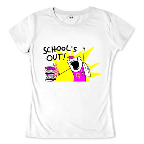 Zeichnung einer Cartoon-Figur, die "School's Out!" schreit, mit brennenden Büchern neben sich.