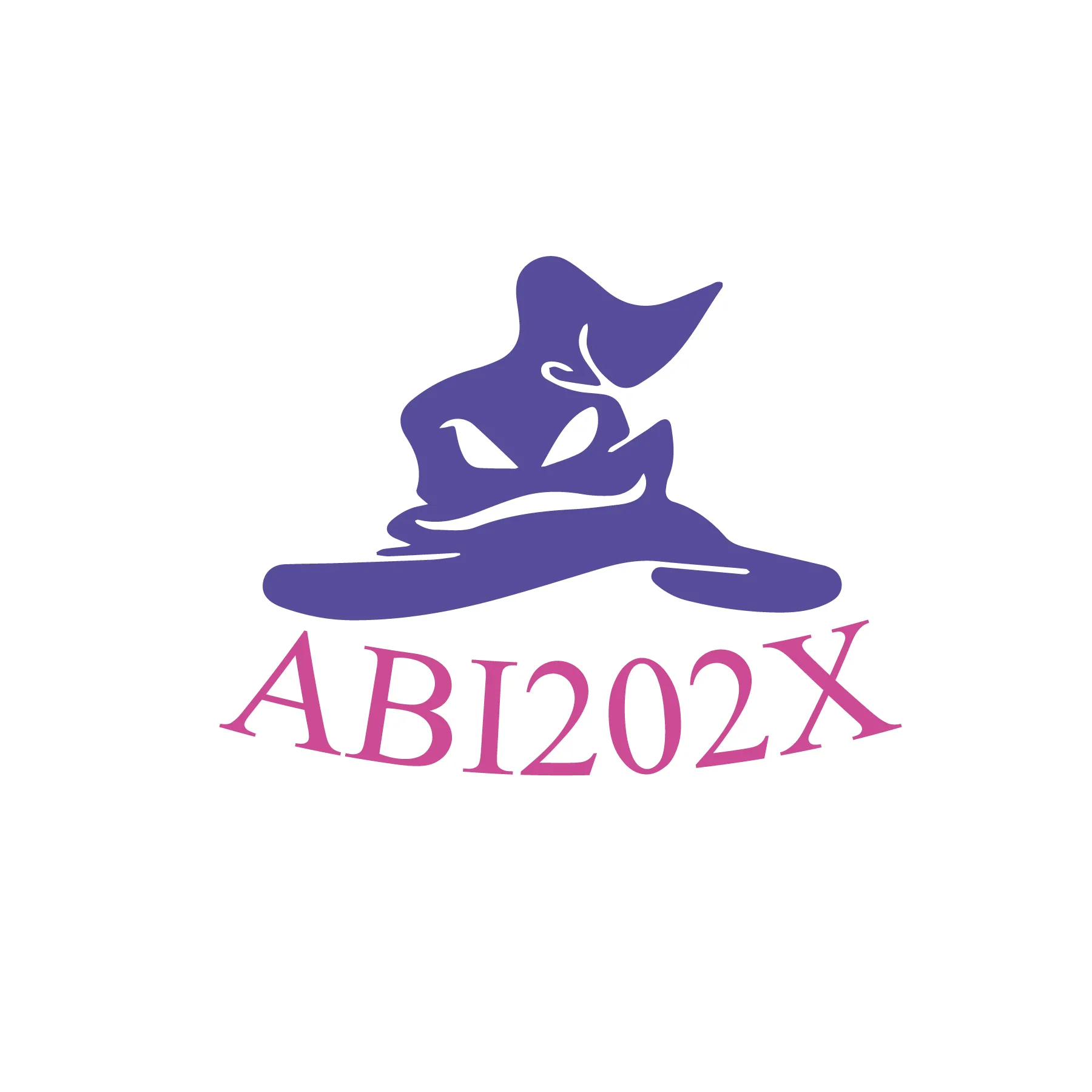 Lila stilisierter Hexenhut mit weissen Augenaufsaetzen und pinkem Schriftzug ABI202X darunter