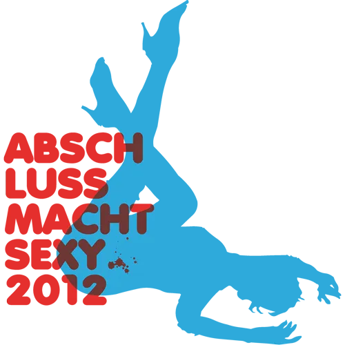 Dunkler Hintergrund mit blauer Silhouette eines springenden Menschen und Text "ABSCHLUSS MACHT SEXY 2012".