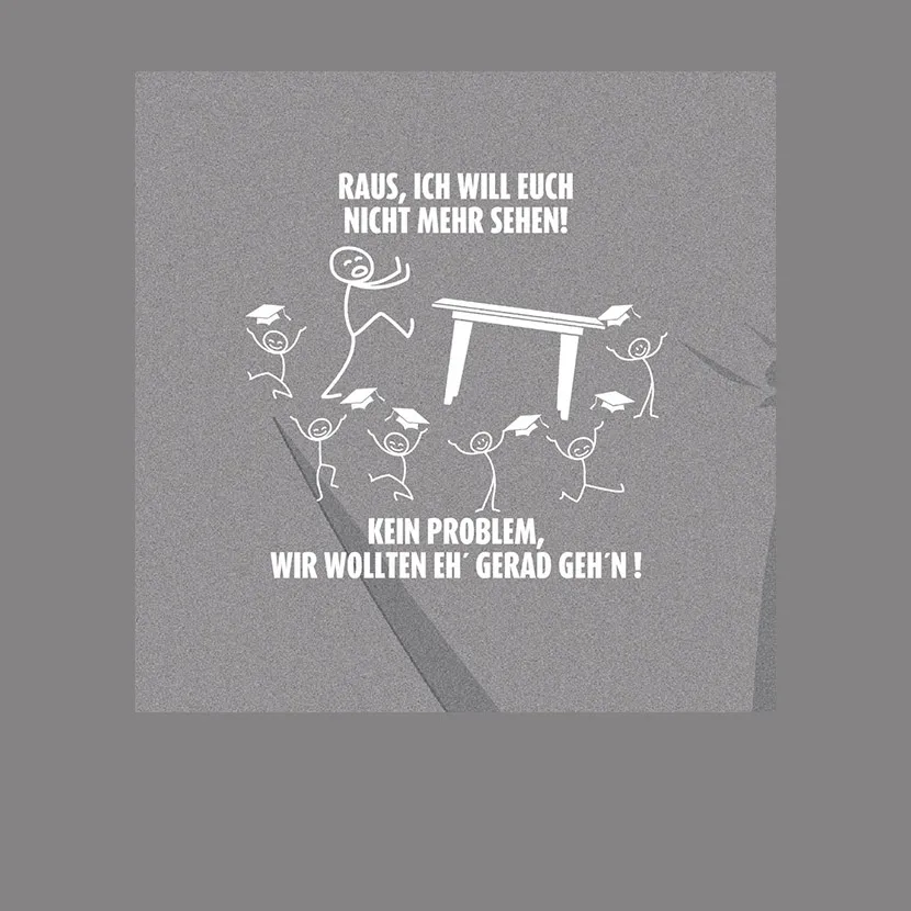 Gezeichnetes Bild mit zwei Personengruppen und Wortblasen: "Raus, ich will euch nicht mehr sehen!" und Antwort "Kein Problem, wir wollten eh gerade gehen!".