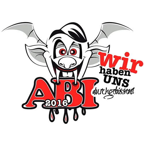 Design eines T-Shirts mit Cartoon-Fledermaus und Text "ABI 2016 Wir haben uns durchgebissen".