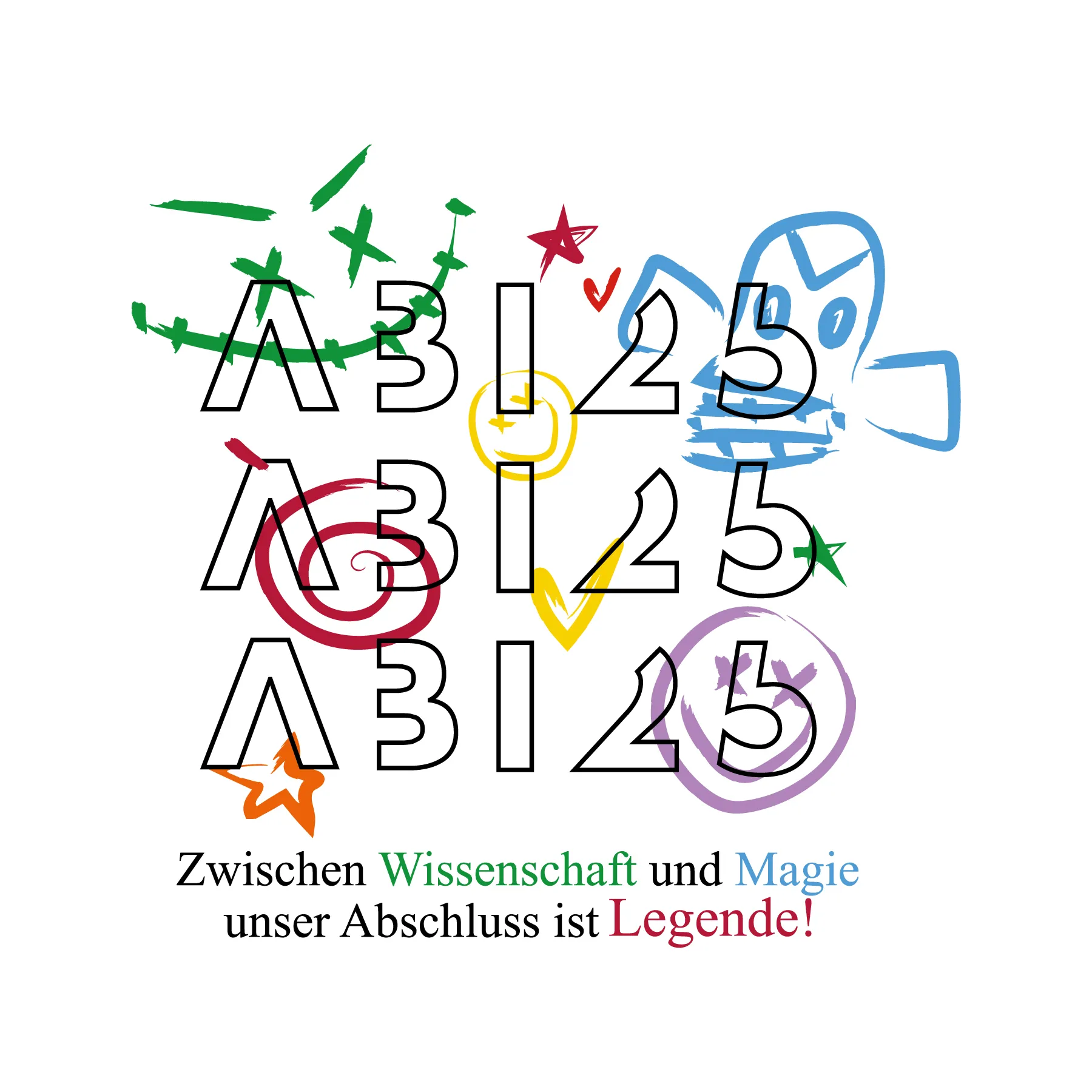 Dreimal umrahmter Schriftzug ABI 25 umgeben von bunten Kritzeleien darunter der Text Zwischen Wissenschaft und Magie unser Abschluss ist Legende