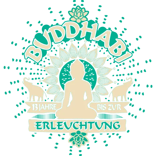 Grafik mit Buddha und Tieren in grün und beige mit Text "13 Jahre bis zur Erleuchtung".
