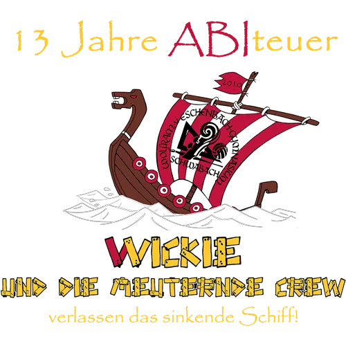 Bild zeigt ein grafisches Drachenboot mit rotem und weißem Segel, datiert 2014, auf rotem Hintergrund. "13 Jahre ABItueur" steht darüber.