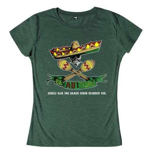 Grafik mit einem Schädel, der einen Sombrero trägt, gekreuzten Maracas, Banner mit "El Abituro" und Text "Schule kam uns immer schon spanisch vor".