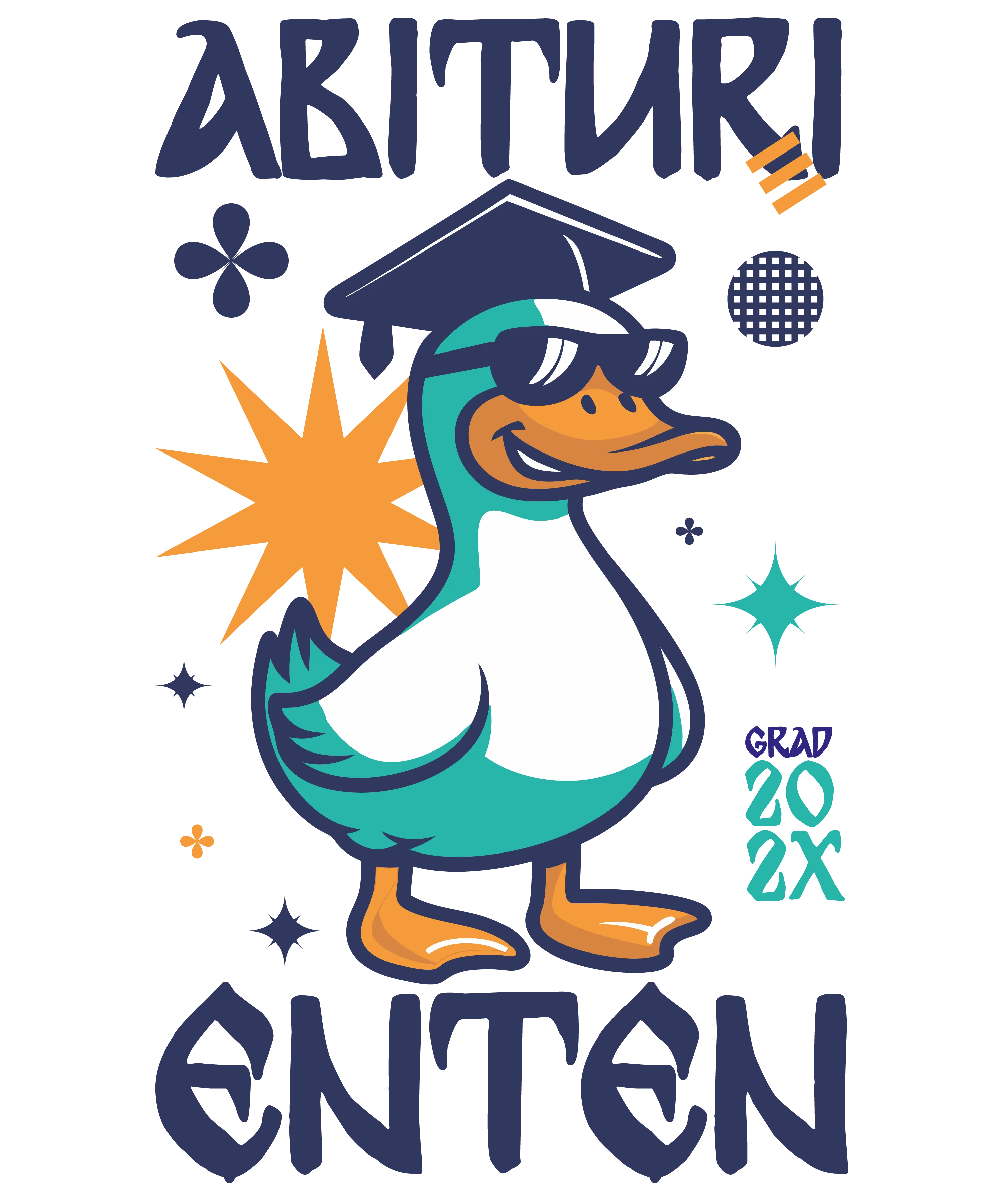 Comicente mit Sonnenbrille und Abschlussmuetze umgeben von Sternformen und Schriftzug Abitur Enten Grad 20 2X