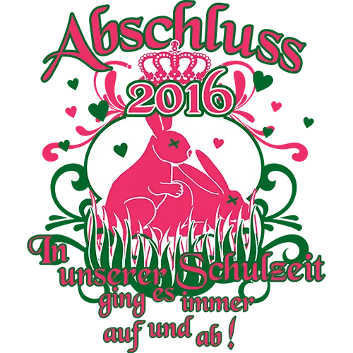 Graues T-Shirt mit Aufdruck "Abschluss 2016" und zwei rosa Kaninchen, umgeben von grünen Gräsern und pinken Herzen.