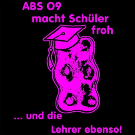 Neonpinkes Design mit Doktorhut auf Tintenfisch und Text "ABS 09 macht Schüler froh ... und Lehrer ebenso".