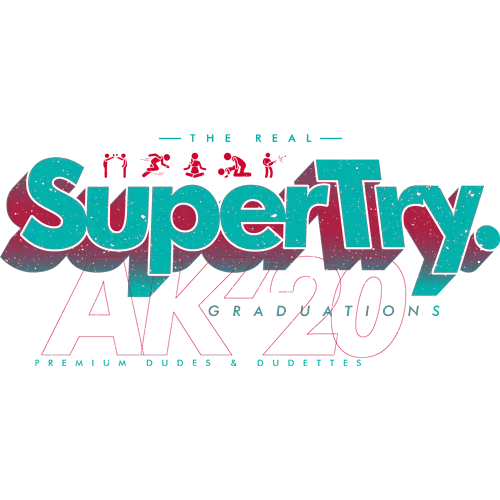 Logo mit den Wörtern "SuperTry Graduation" in verspieltem Stil auf rotem Hintergrund.
