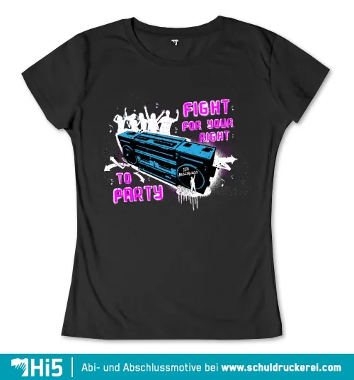 Stylisiertes Boombox-Design mit dem Text "Fight for your right to party" und Farbspritzern auf dunklem Hintergrund.