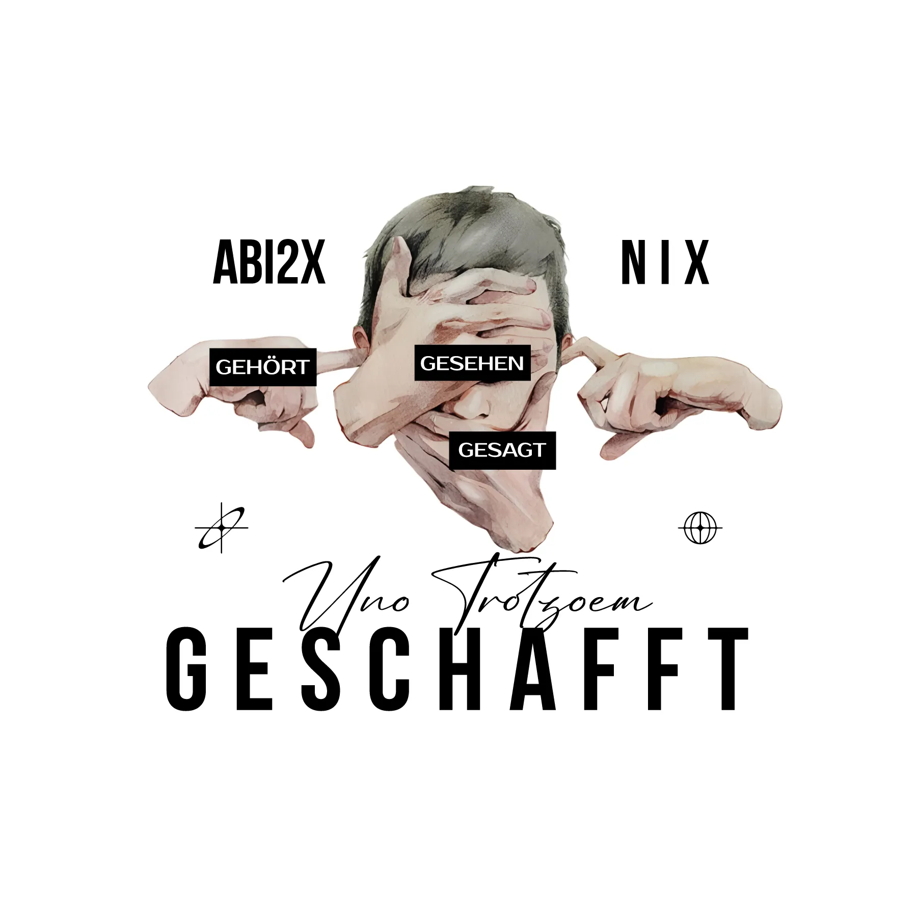 Illustration of a person with hands covering eyes ears and mouth labeled Gehoert Gesehen Gesagt above Abi2x and Nix and below Uno Trotzdem Geschafft